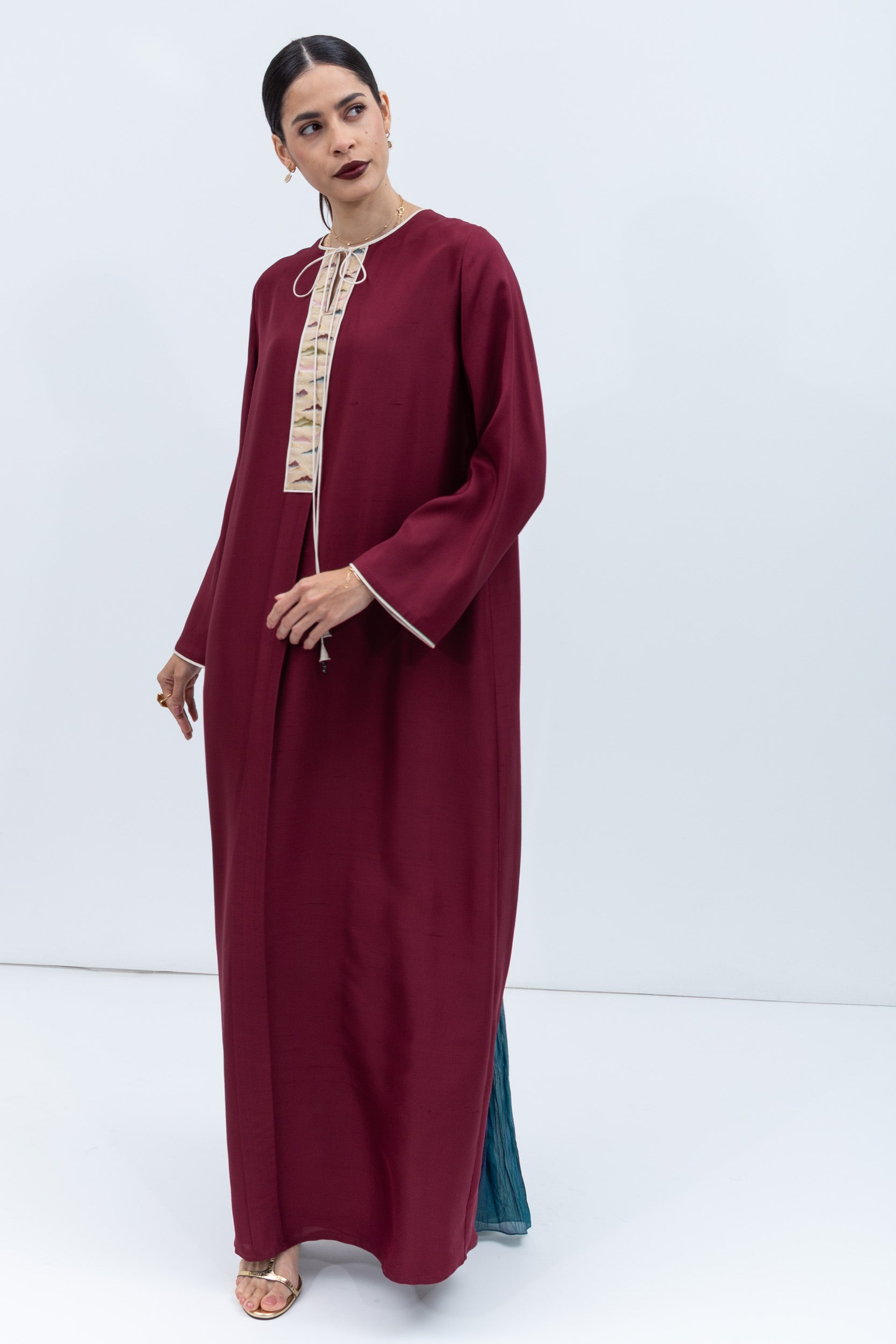 Straight Cut Silk Kaftan in Maroon with Back Detail