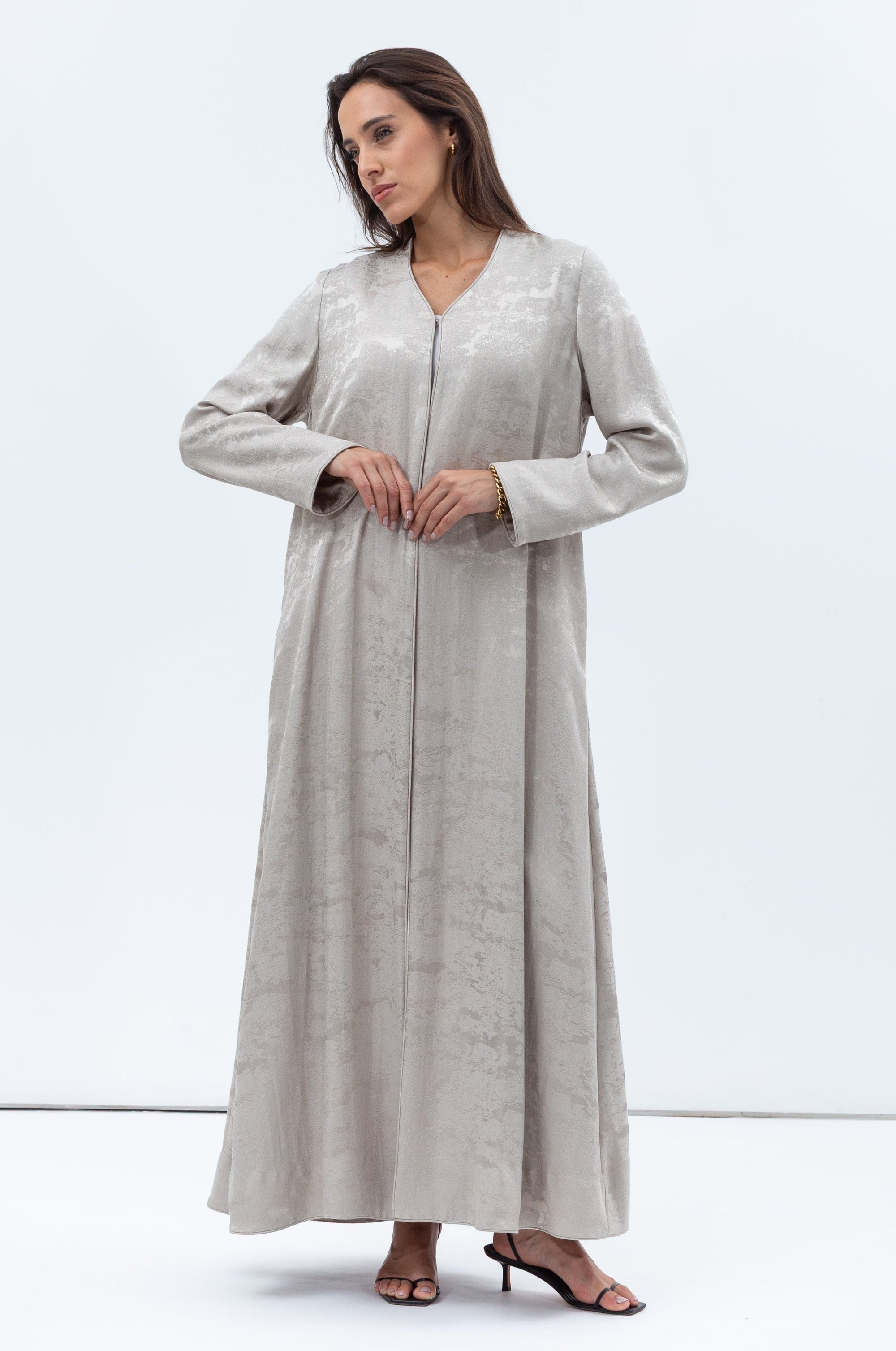 A-cut Abaya in Gray Green Jacquard RTW