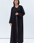 Straight Cut Abaya in Black Shimmer with Black Satin Detailing