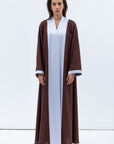 Straight Cut Abaya in Rusty Brown Linen with Grey Blue Satin Detailing