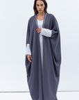 Butterfly Abaya in Blue Grey Shimmer with Grey Satin Detailing