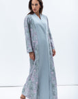 Overlap Sculpted Abaya in Blue Grey Floral Print
