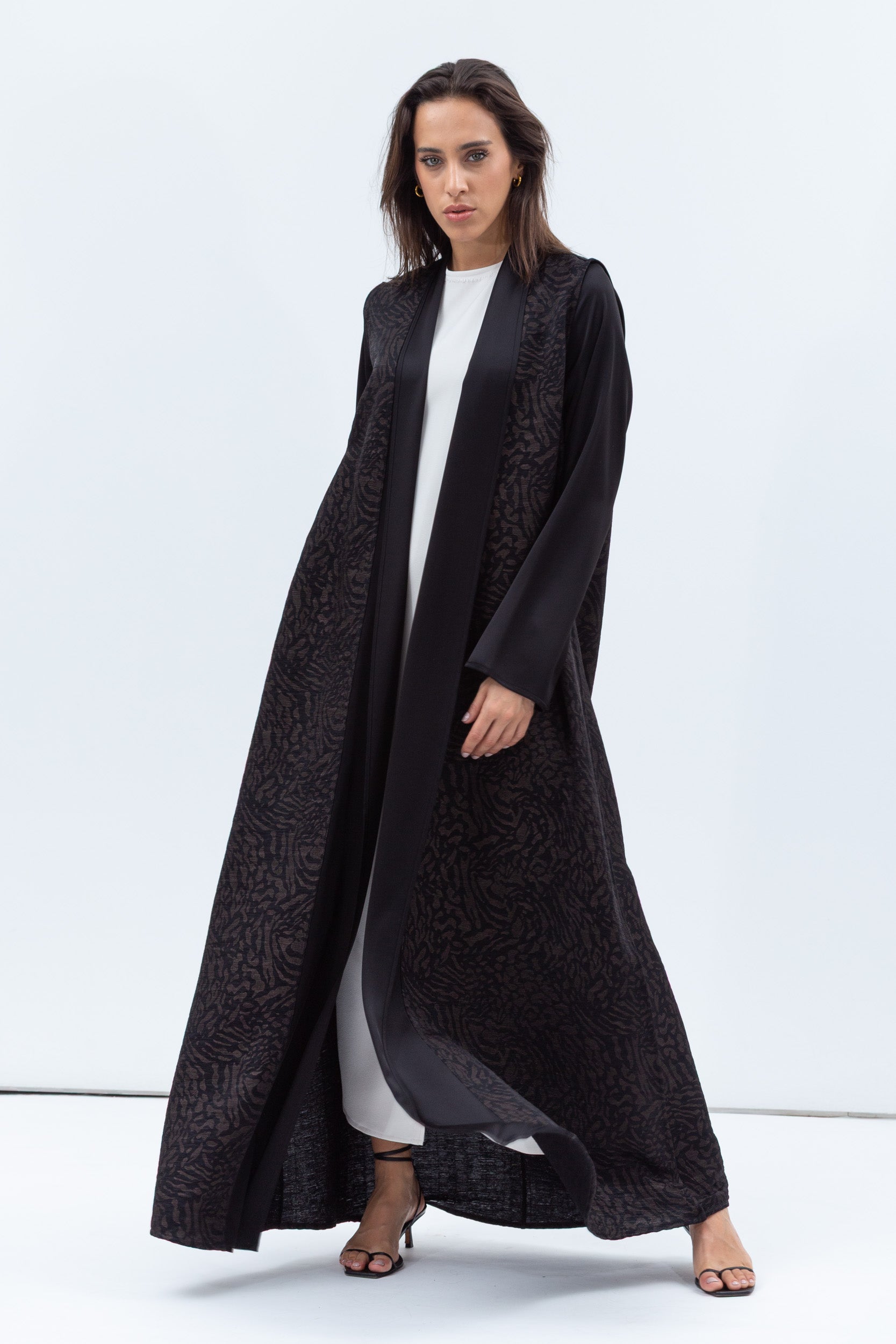 Straight Cut Abaya in Black and Copper with Satin Collar and Sleeve RTW