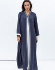 Front Closing Abaya in Blue Grey with High V Neck