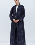 Shawl Lapel Abaya in Blue with Silver Print Plisse