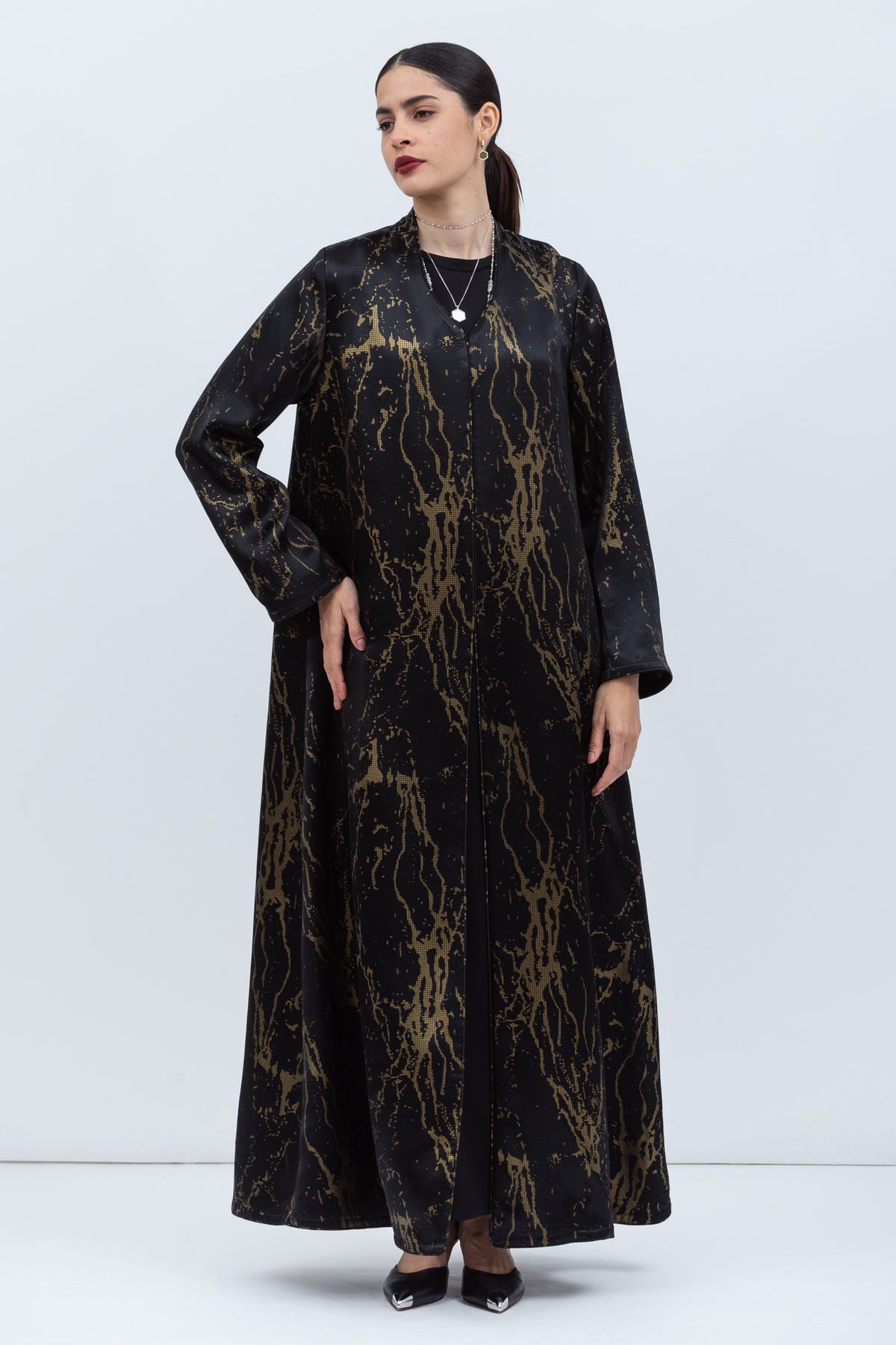 A-cut Abaya in Printed Black and Gold RTW