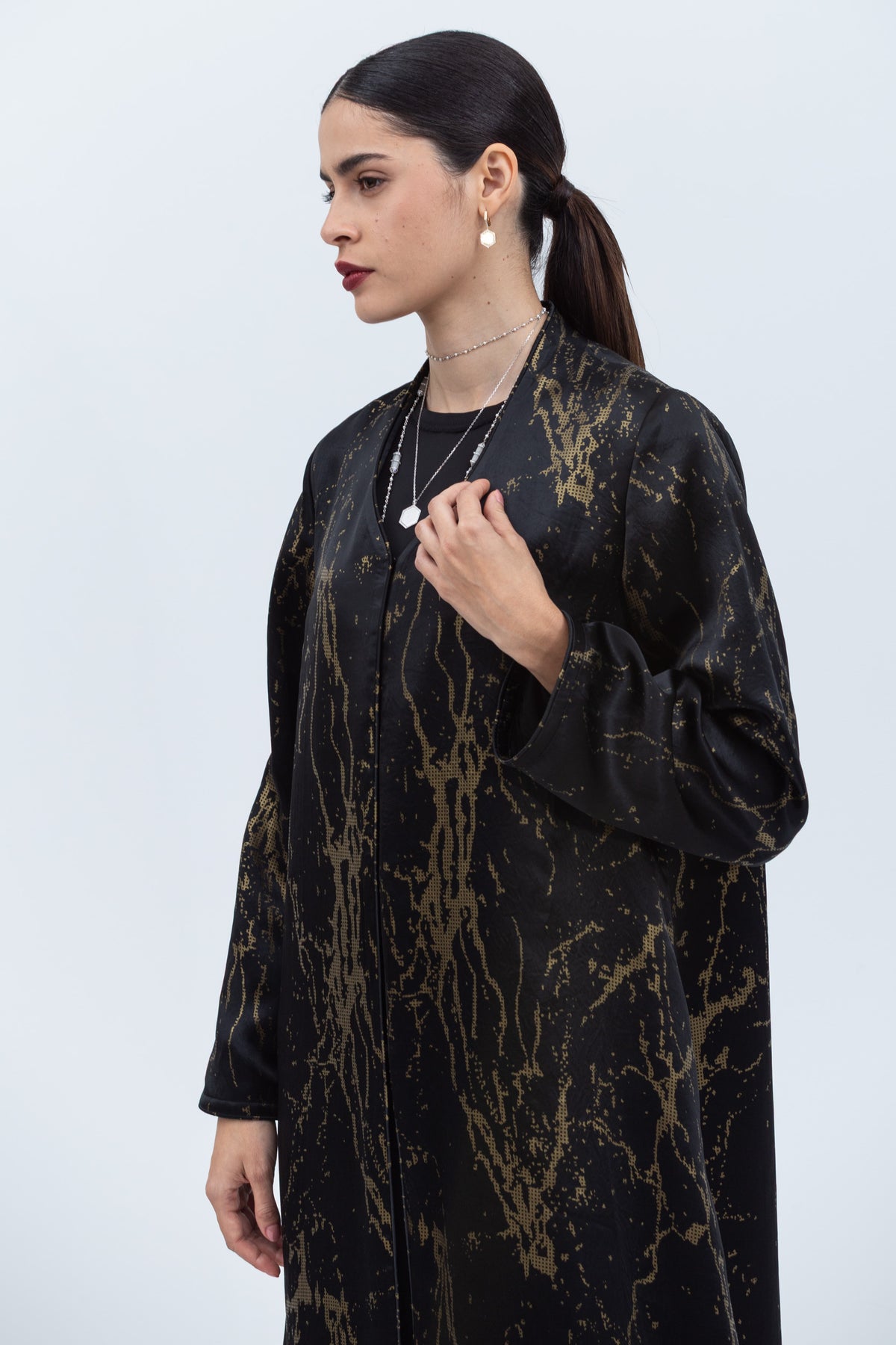 A-cut Abaya in Printed Black and Gold RTW