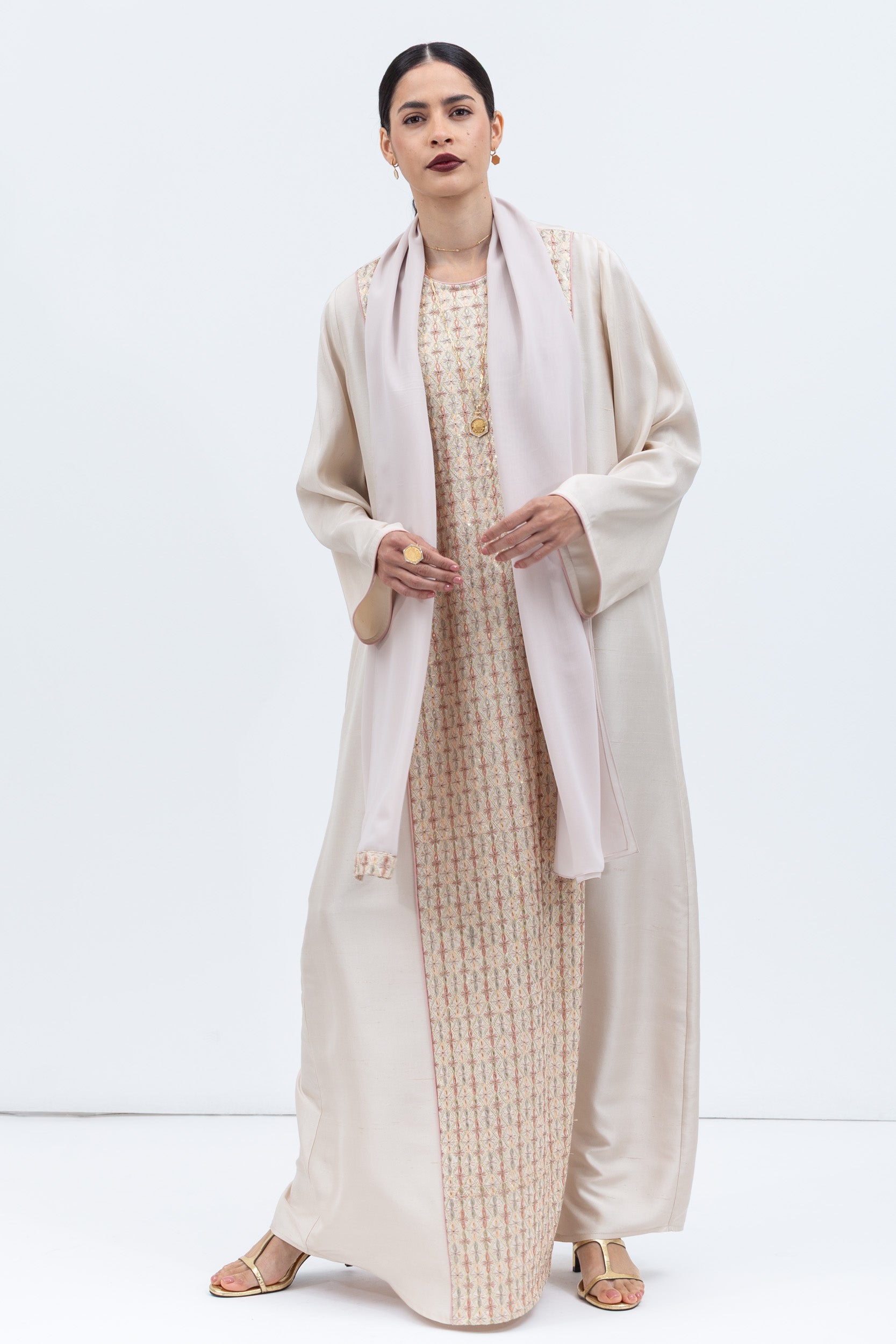 Straight Cut Kaftan in Ivory with Embroidered Center Front