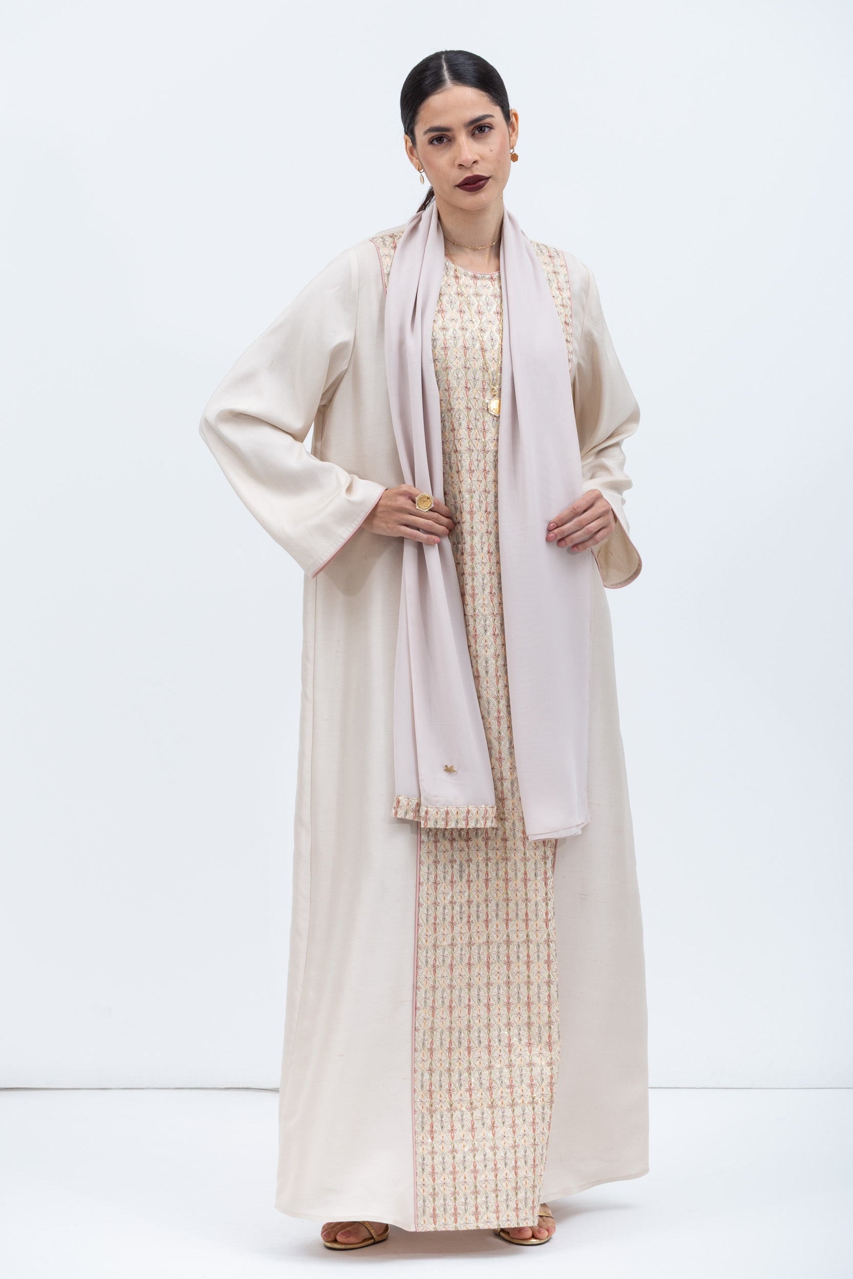 Straight Cut Kaftan in Ivory with Embroidered Center Front