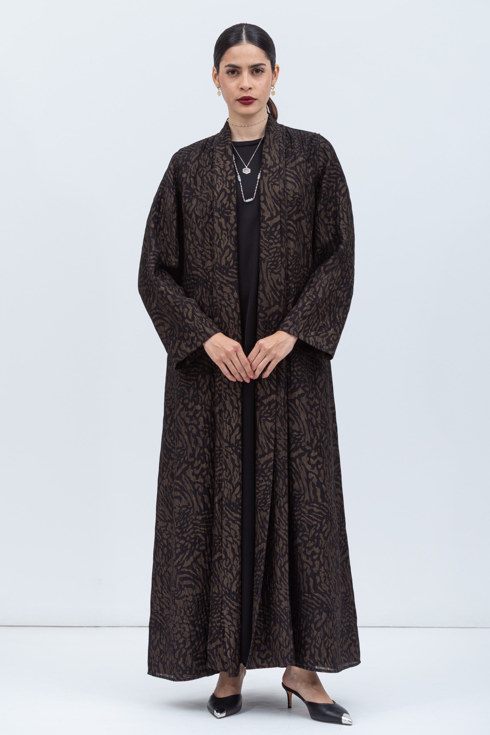 Shawl Lapel Abaya in Black with Golden Print Plisse RTW
