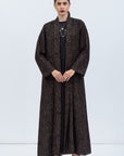 Shawl Lapel Abaya in Black with Golden Print Plisse RTW