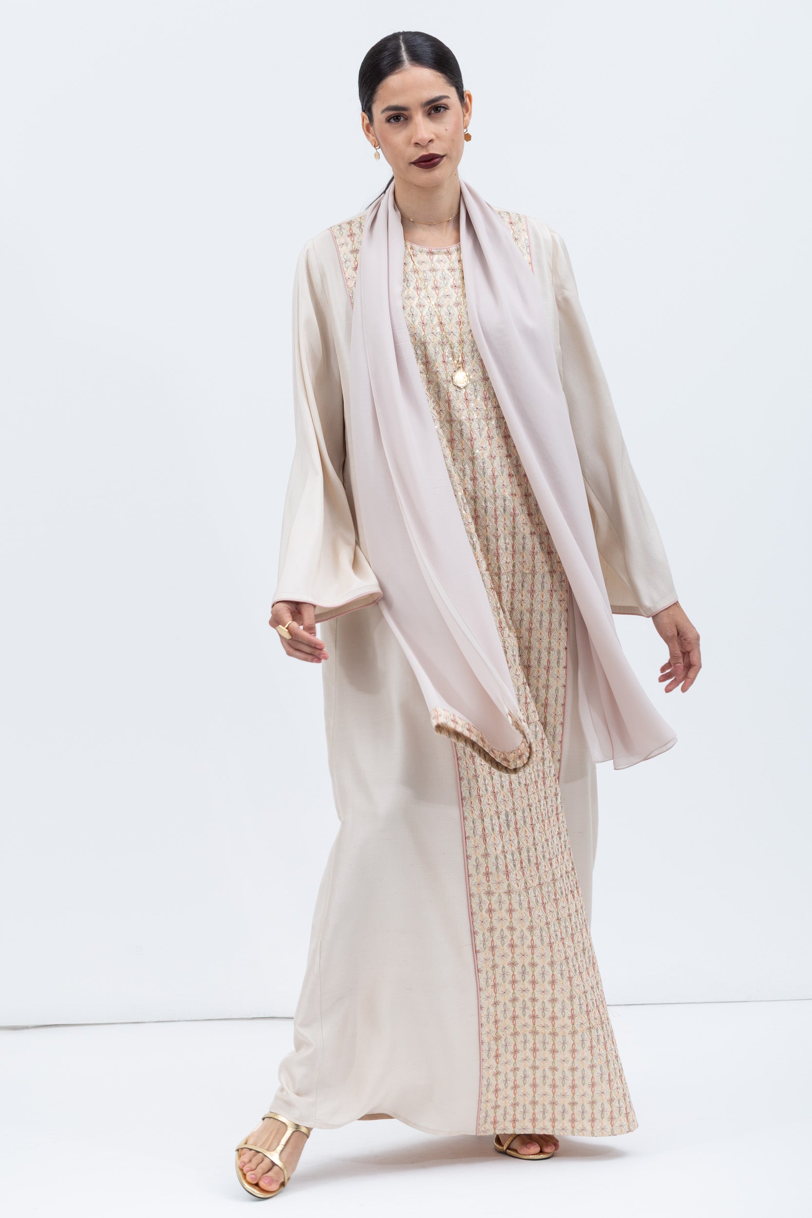 Straight Cut Kaftan in Ivory with Embroidered Center Front