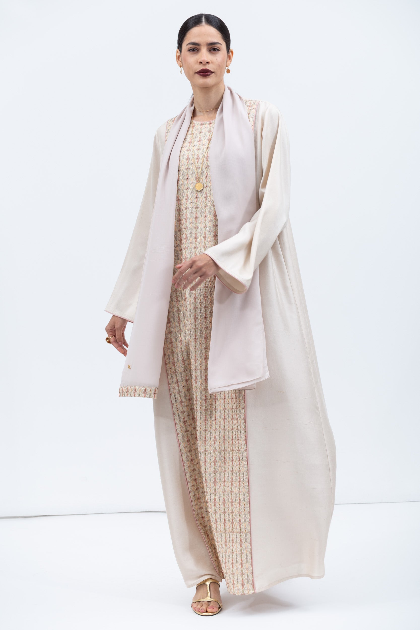 Straight Cut Kaftan in Ivory with Embroidered Center Front
