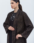 Shawl Lapel Abaya in Black with Golden Print Plisse