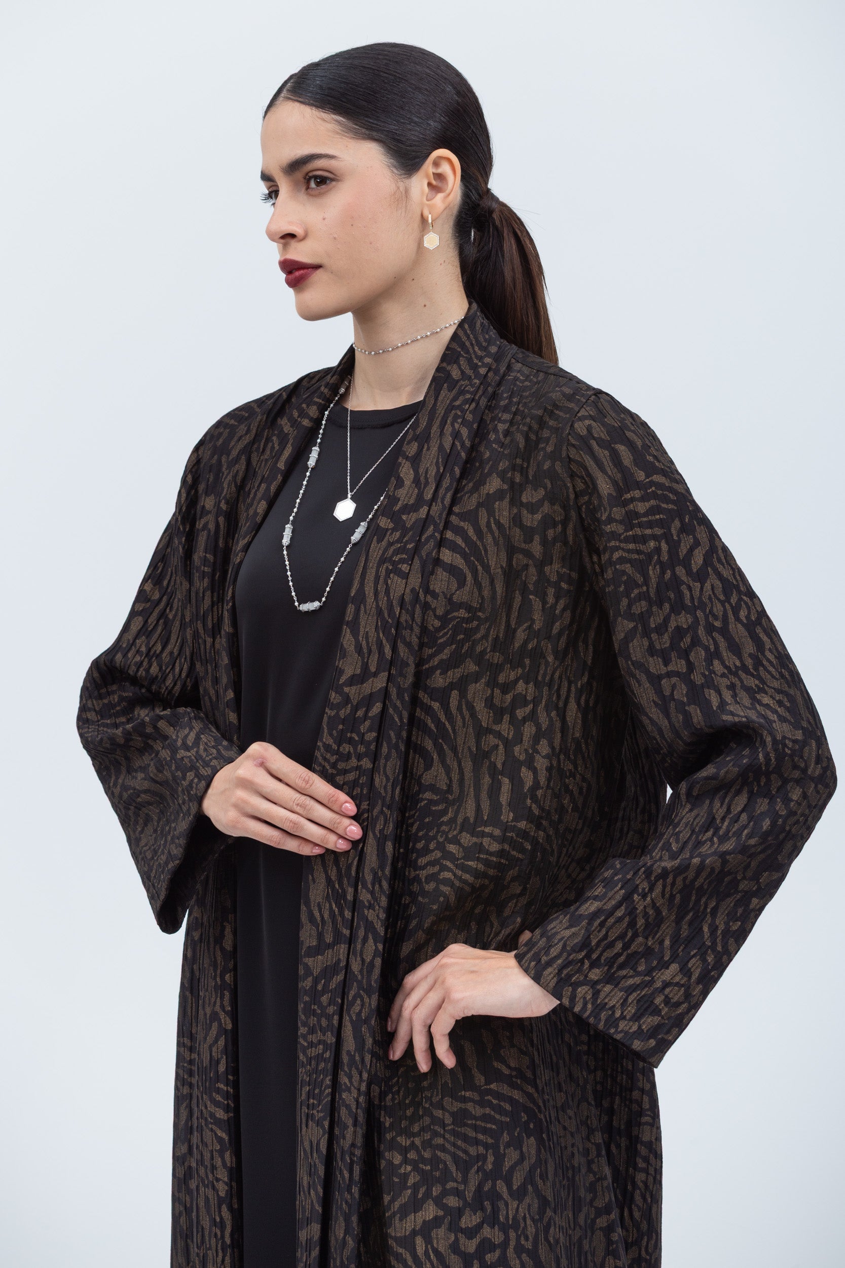 Shawl Lapel Abaya in Black with Golden Print Plisse RTW