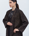 Shawl Lapel Abaya in Black with Golden Print Plisse RTW