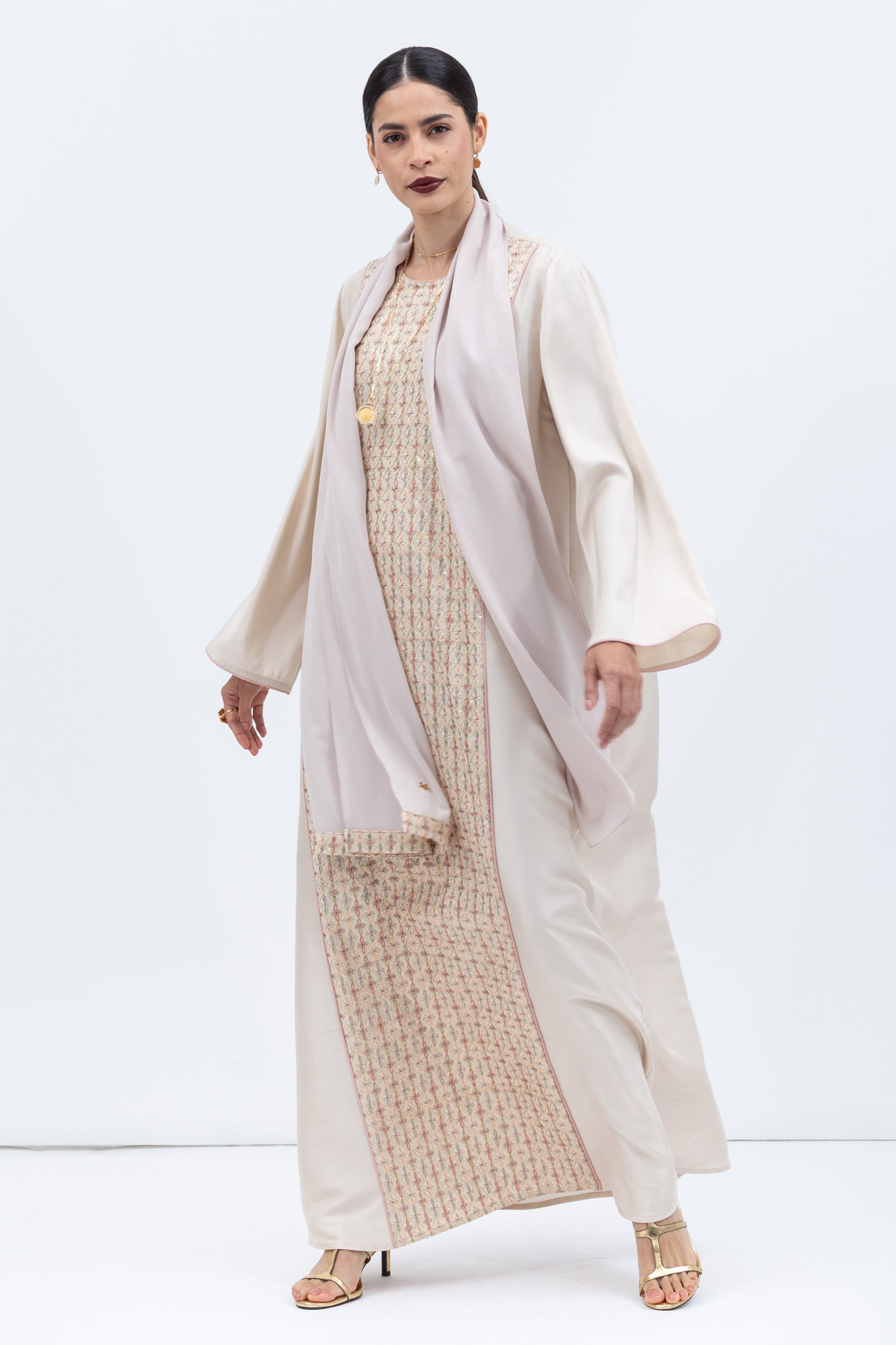 Straight Cut Kaftan in Ivory with Embroidered Center Front