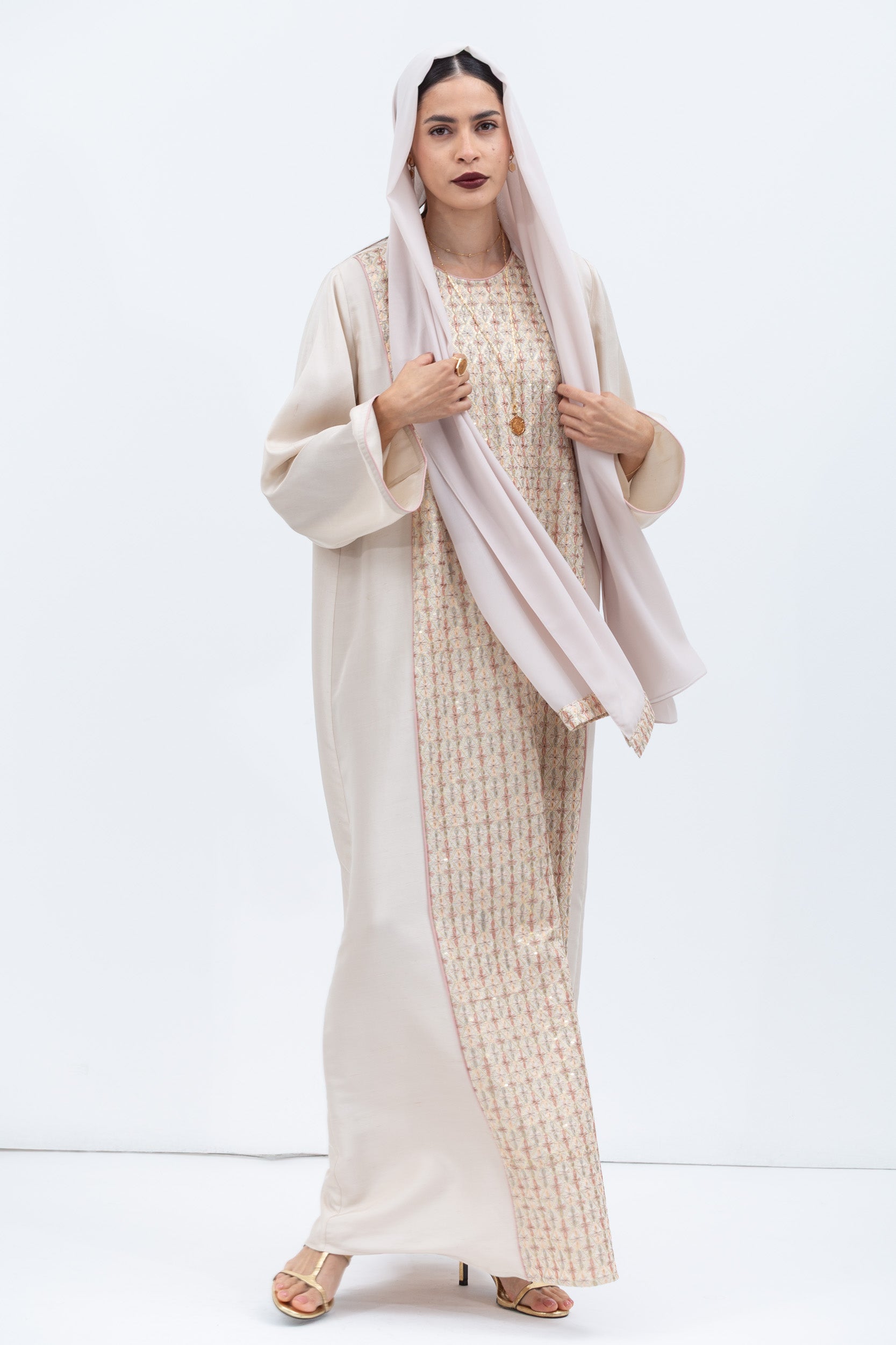 Straight Cut Kaftan in Ivory with Embroidered Center Front