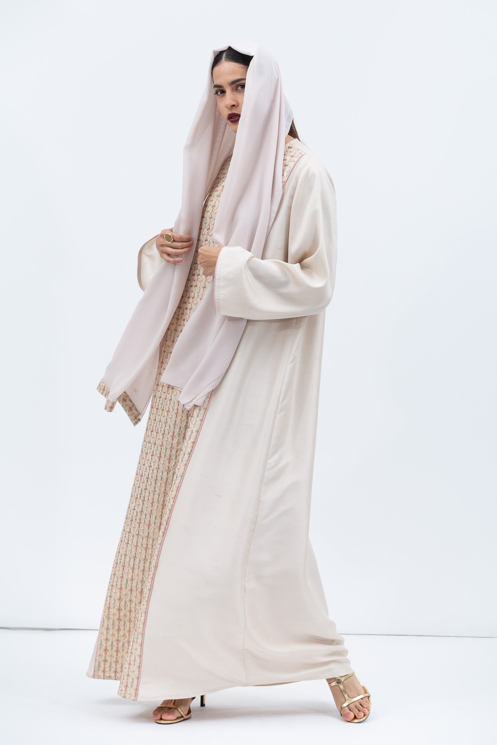 Straight Cut Kaftan in Ivory with Embroidered Center Front