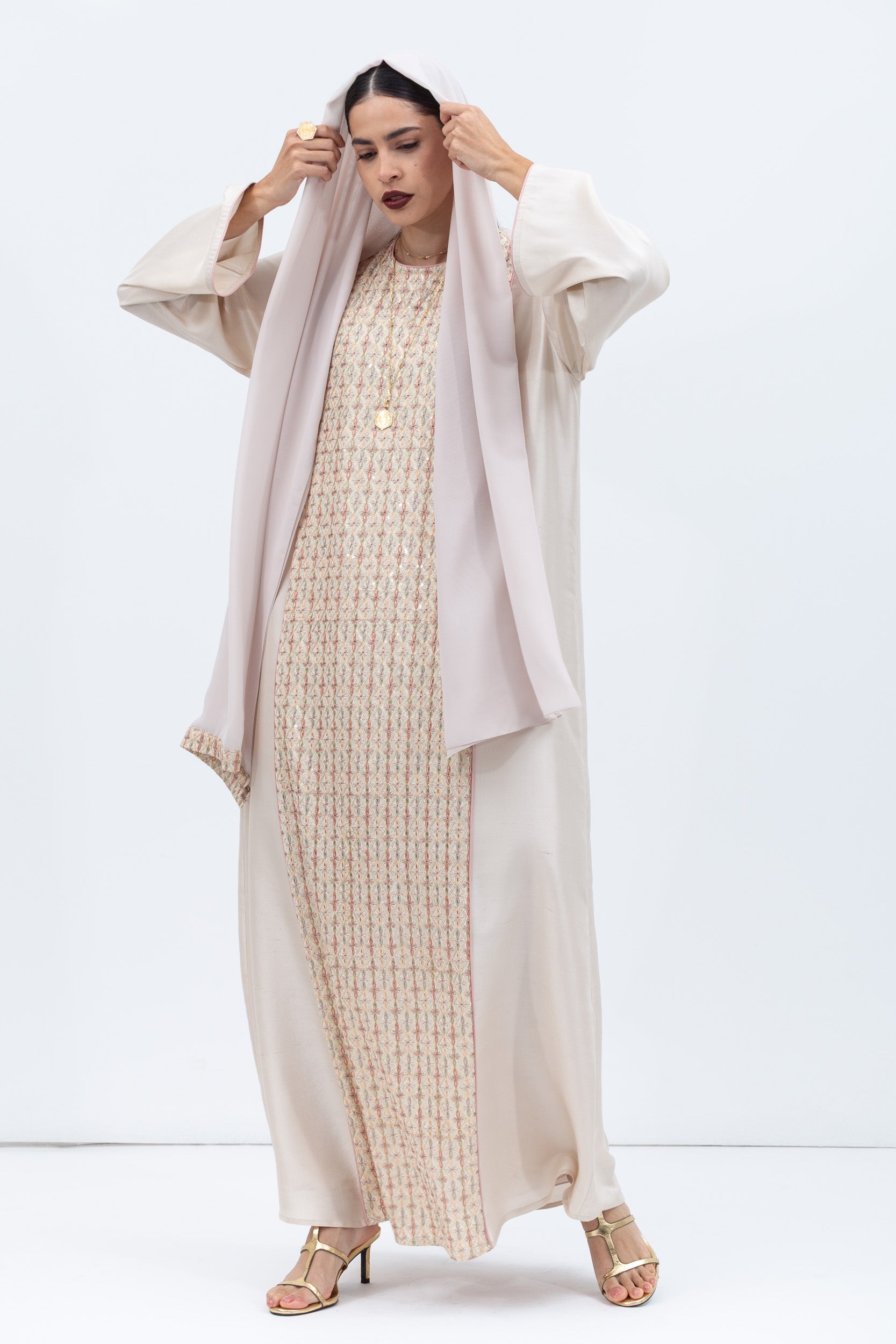 Straight Cut Kaftan in Ivory with Embroidered Center Front