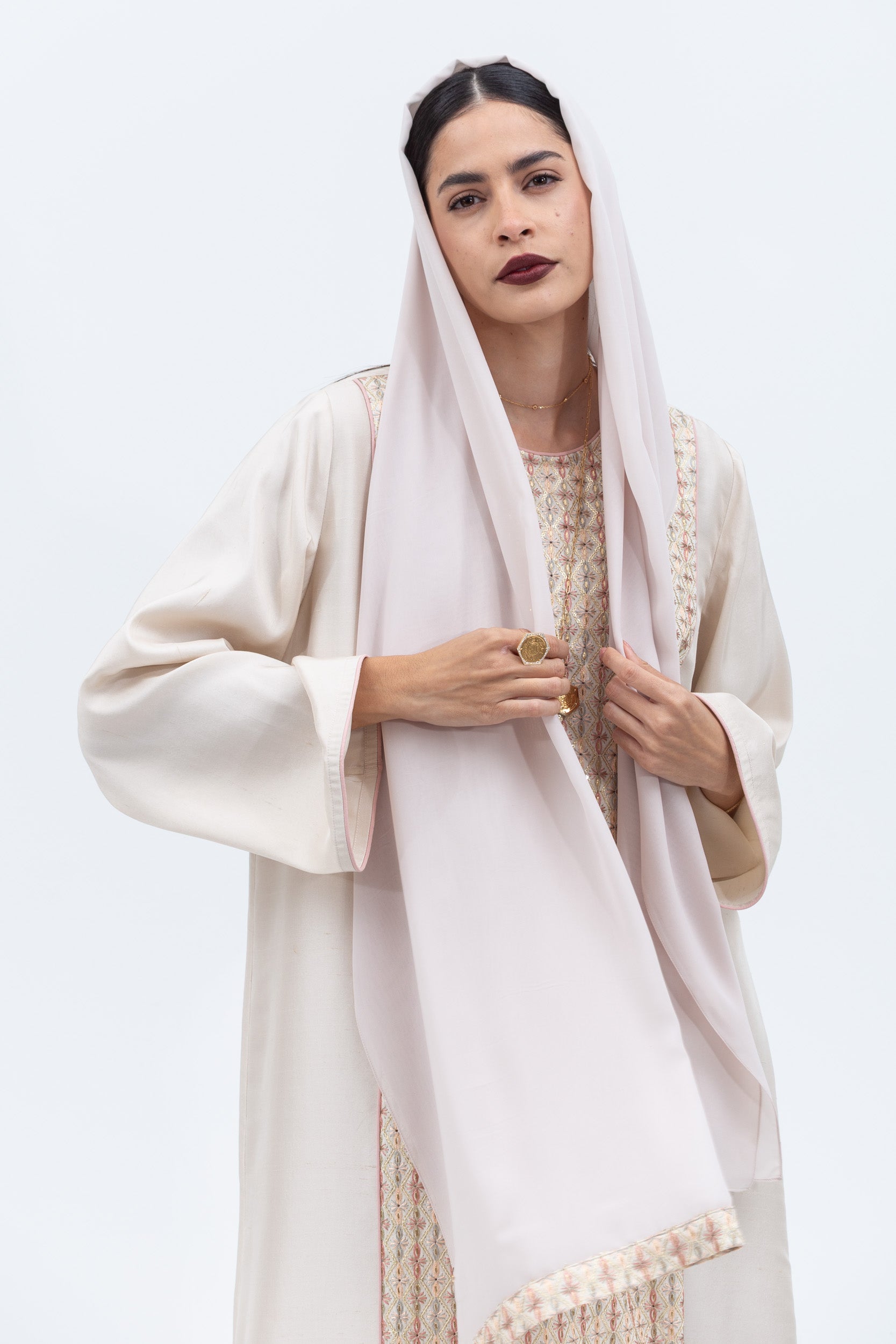 Straight Cut Kaftan in Ivory with Embroidered Center Front