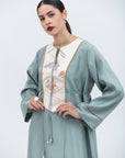 Straight Cut Kaftan in Green with Silver Japanese Collar