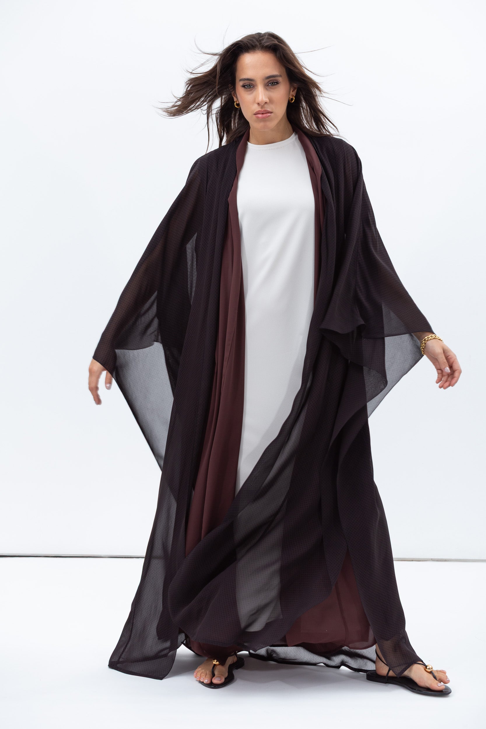 Two Layer Flow Abaya in Black Dotted Chocolate Brown