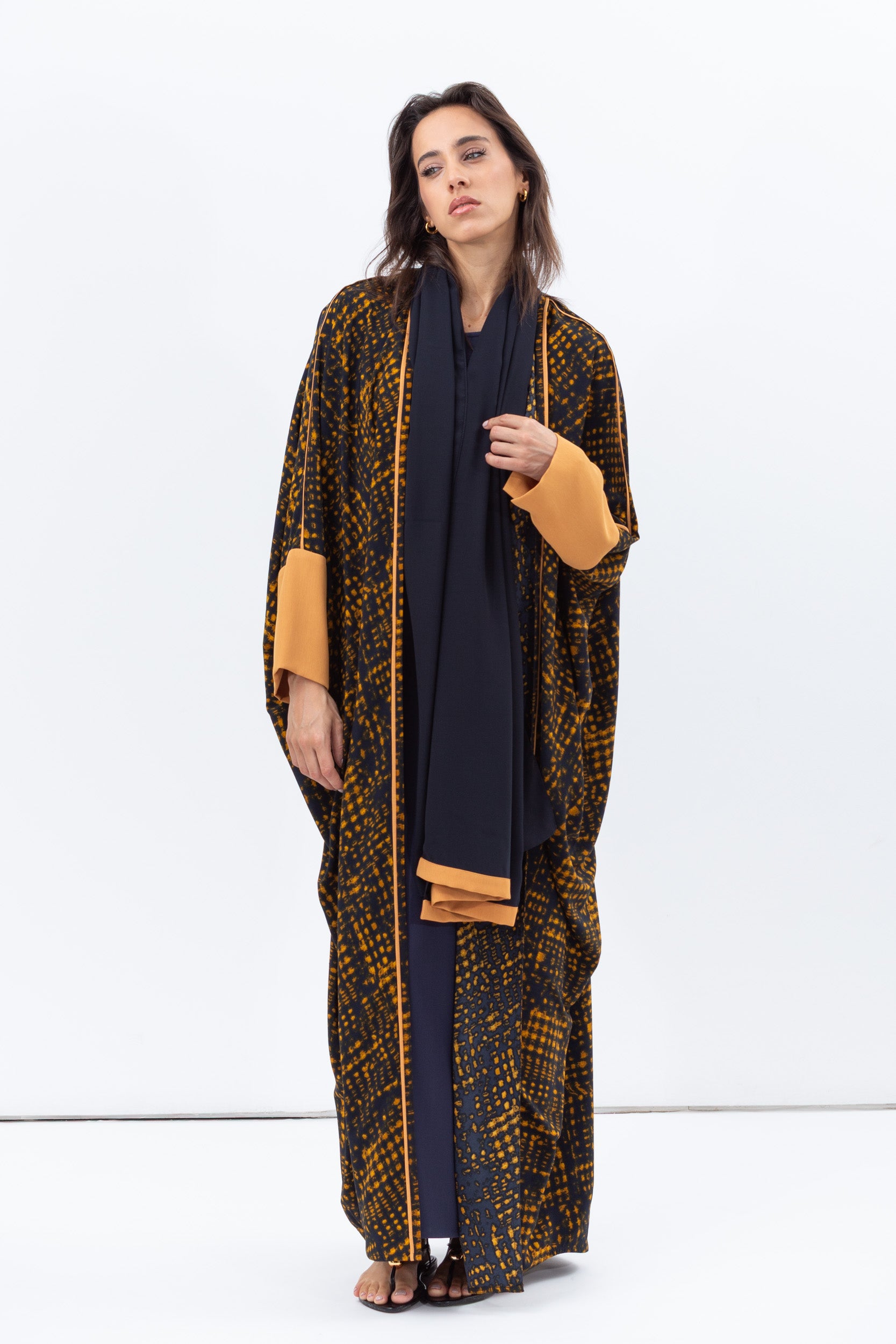 Butterfly Abaya in Black and Amber Pattern