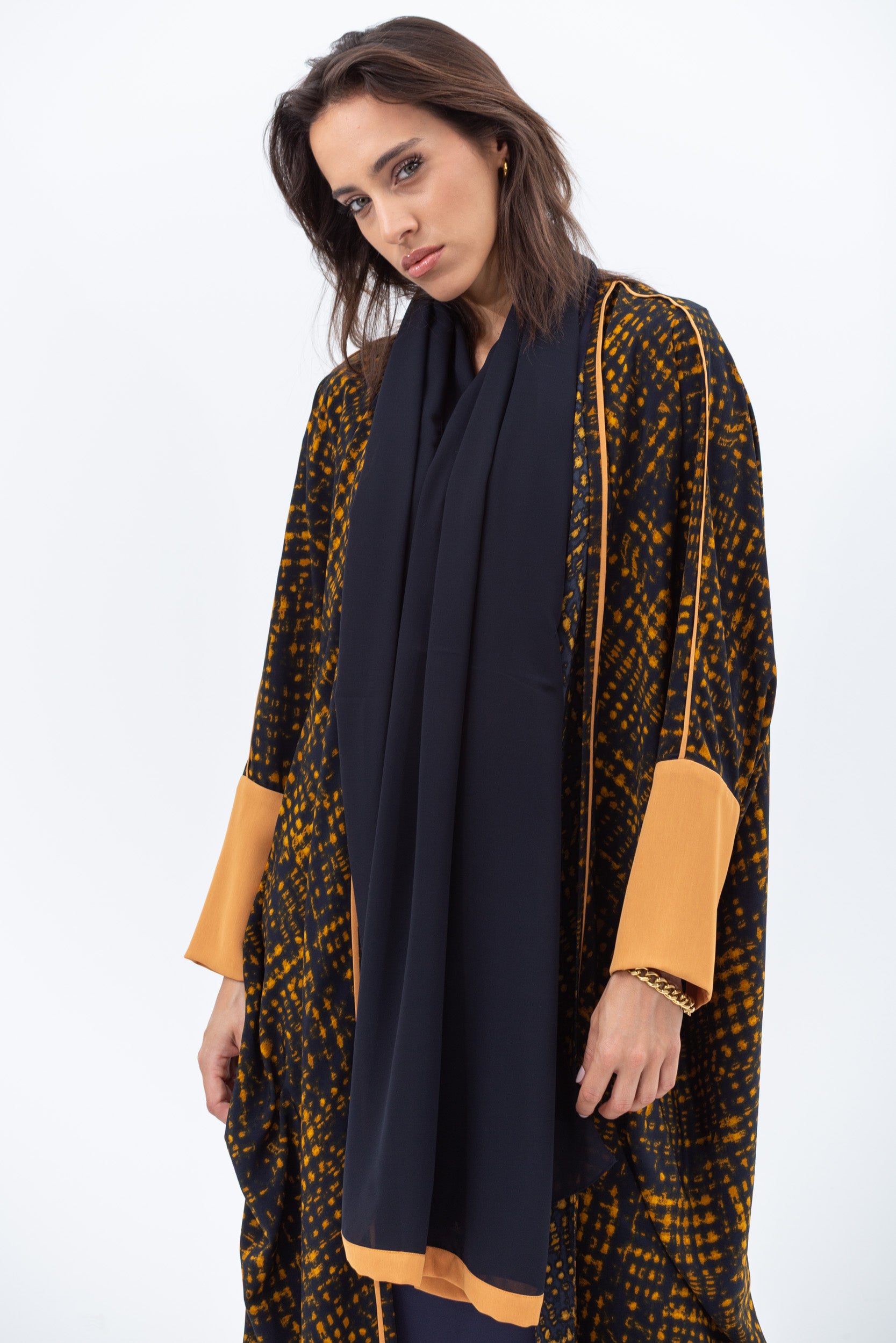 Butterfly Abaya in Black and Amber Pattern