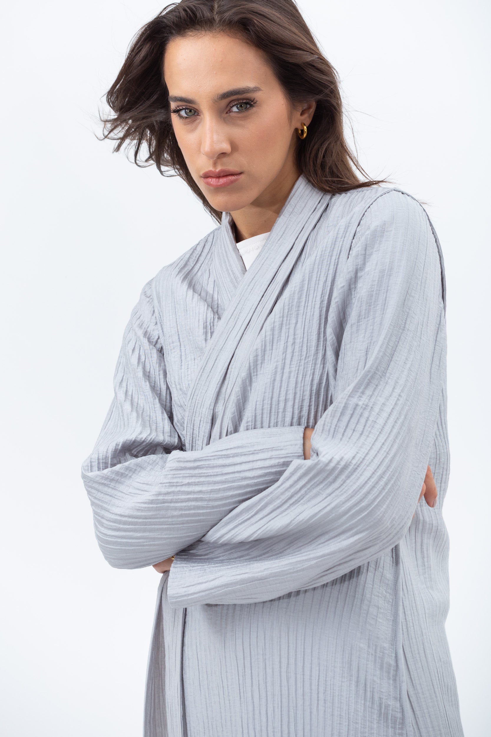 Shawl Lapel Abaya in Grey Blue