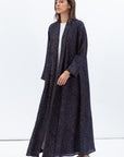 Shawl Lapel Abaya in Navy with Golden Print