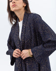 Shawl Lapel Abaya in Navy with Golden Print
