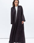 Shawl Lapel Abaya in Textured Black with Purple