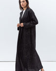 Shawl Lapel Abaya in Textured Black with Green