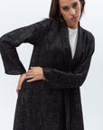 Shawl Lapel Abaya in Textured Black with Green