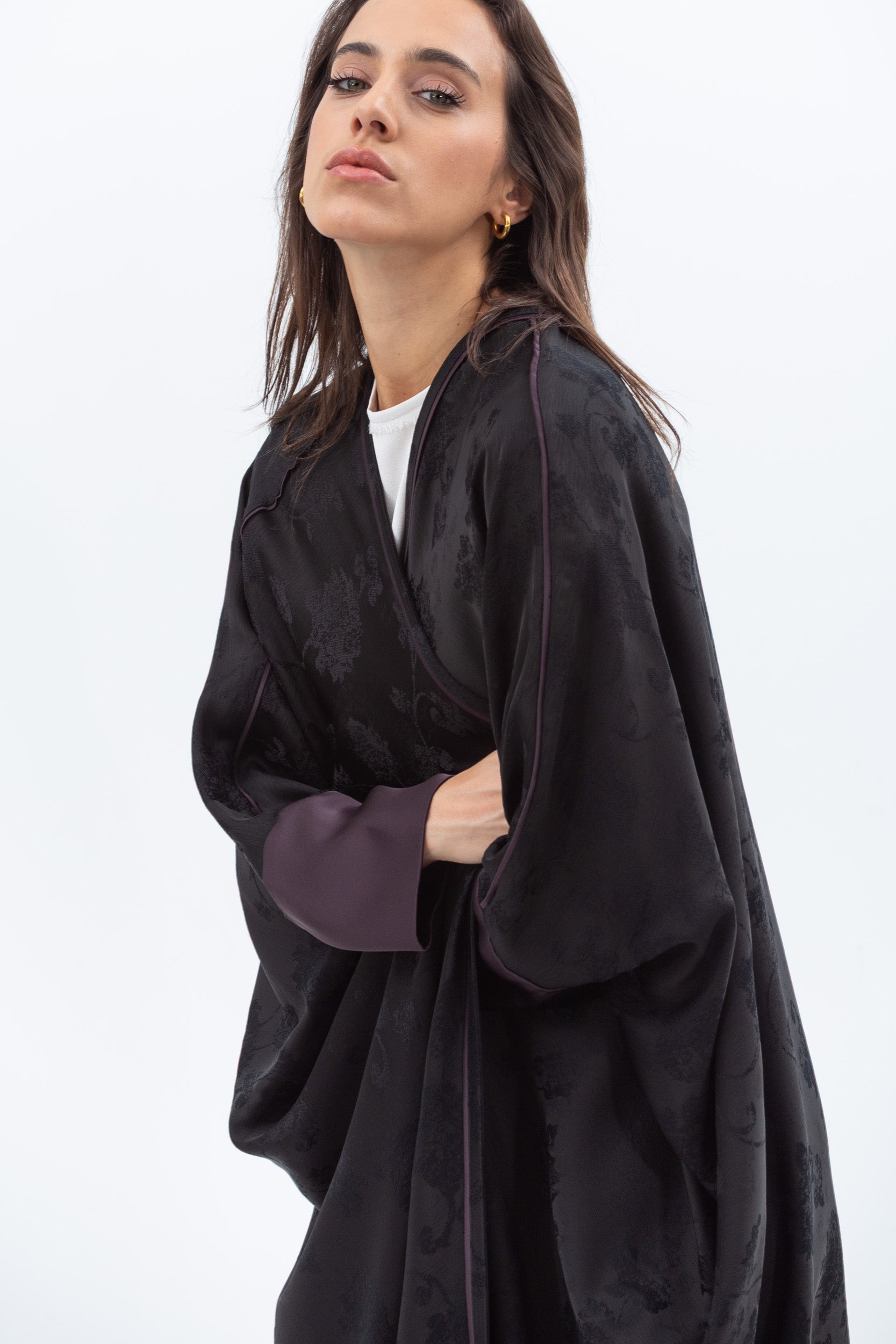 Butterfly Abaya in Black with Purple Print