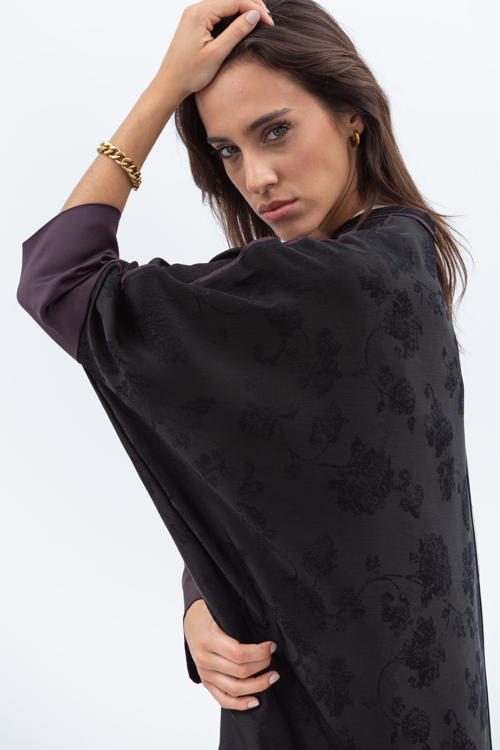 Butterfly Abaya in Black with Purple Print