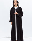 Straight Cut Abaya in Black Shimmer with Black Satin Detailing