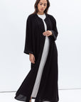 Straight Cut Abaya in Black Shimmer with Black Satin Detailing