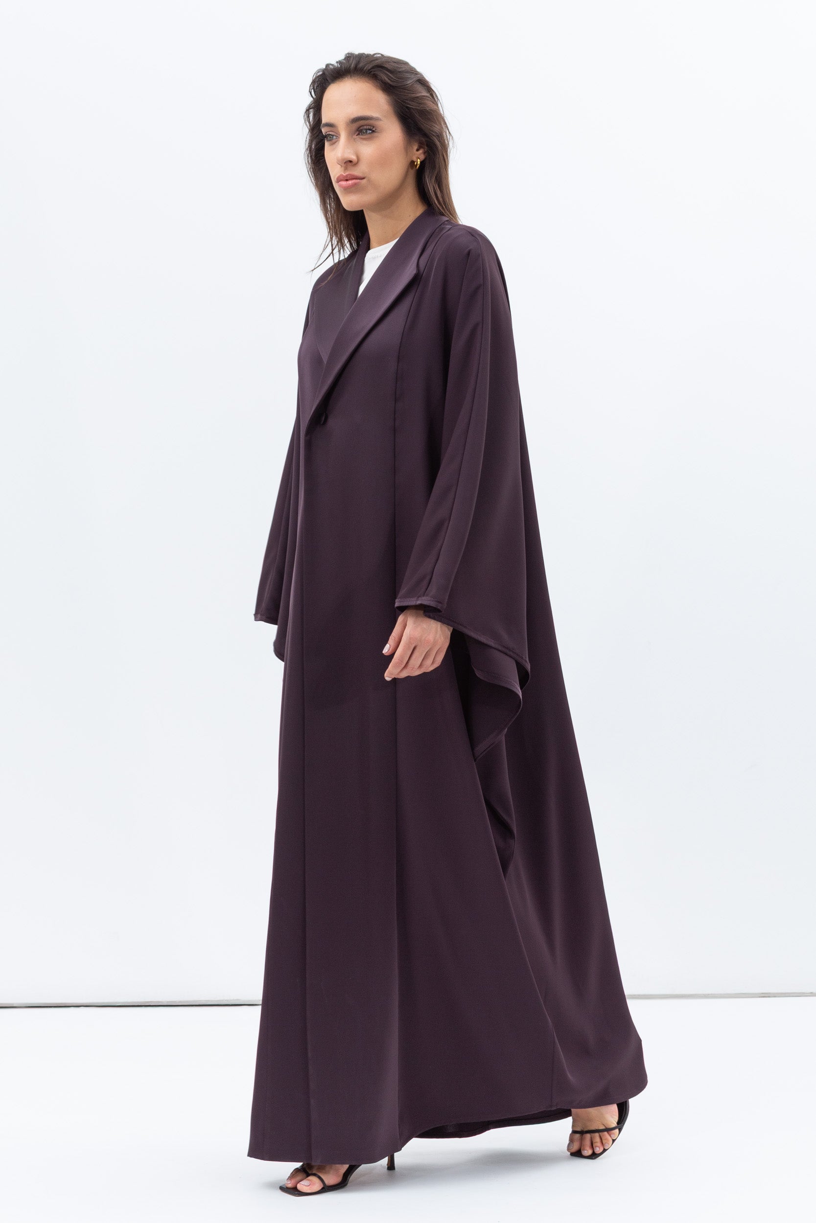 Flow Abaya with Satin Lapel in Deep Plum RTW