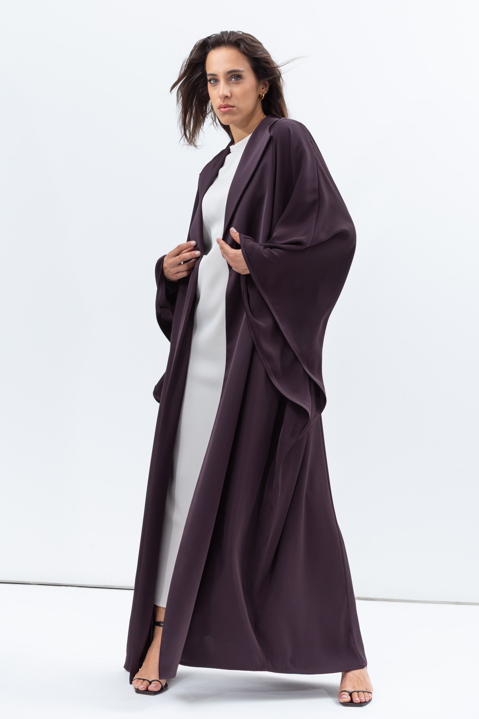 Flow Abaya with Satin Lapel in Deep Plum RTW