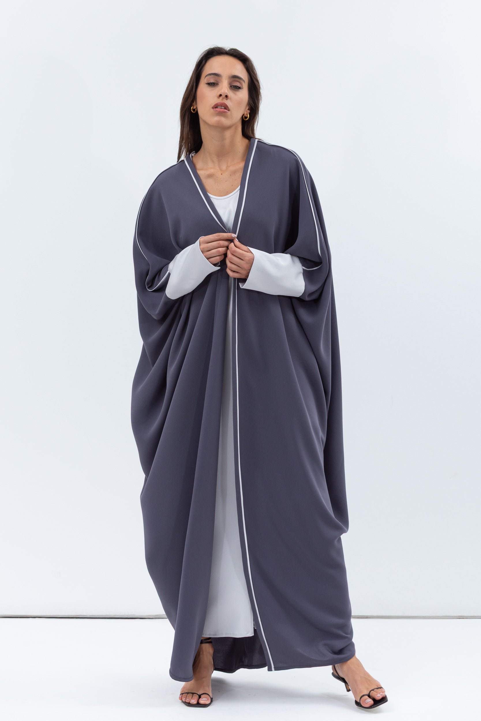 Butterfly Abaya in Blue Grey Shimmer with Grey Satin Detailing
