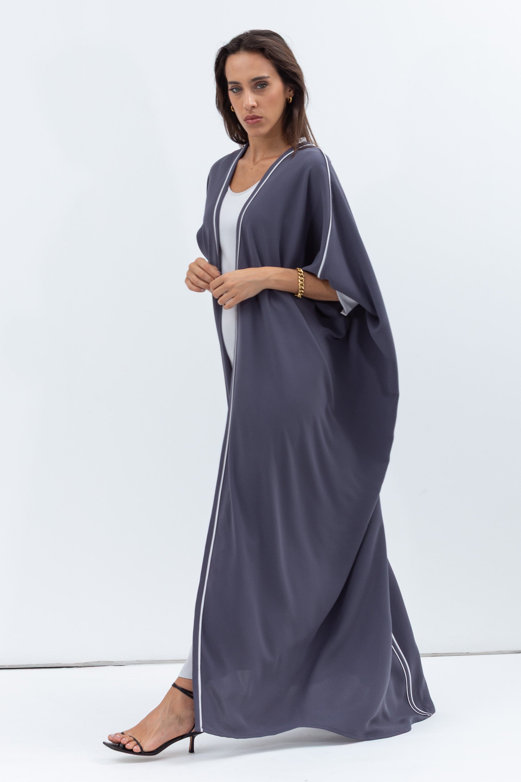 Butterfly Abaya in Blue Grey Shimmer with Grey Satin Detailing