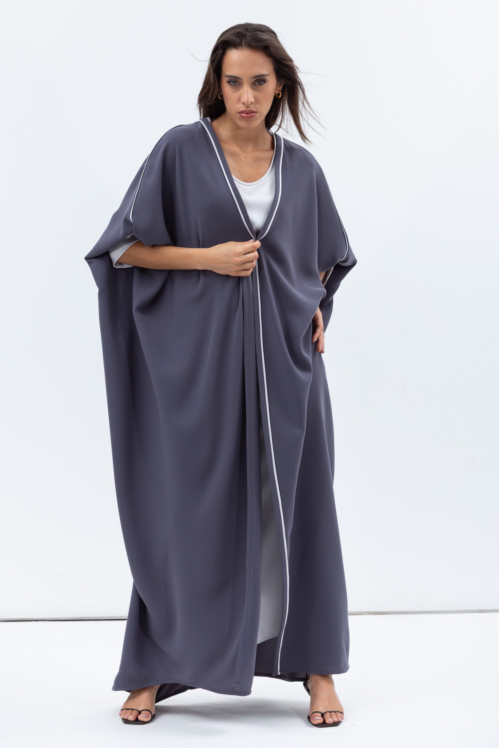 Butterfly Abaya in Blue Grey Shimmer with Grey Satin Detailing