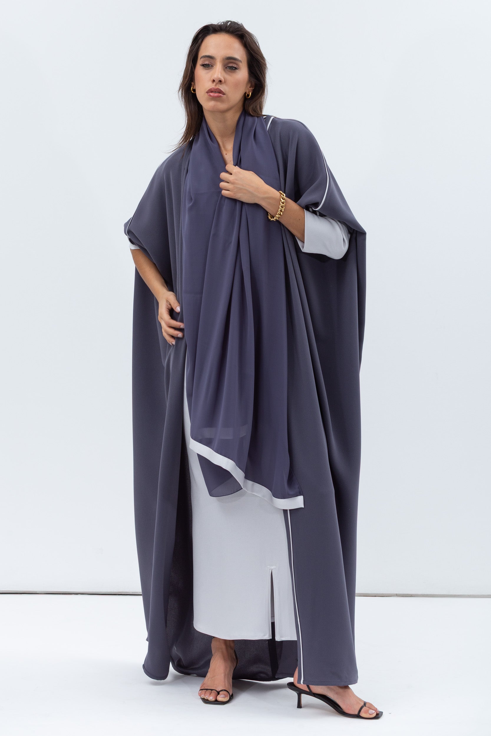 Butterfly Abaya in Blue Grey Shimmer with Grey Satin Detailing
