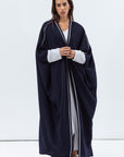 Butterfly Abaya in Navy Shimmer with Grey Satin Detailing