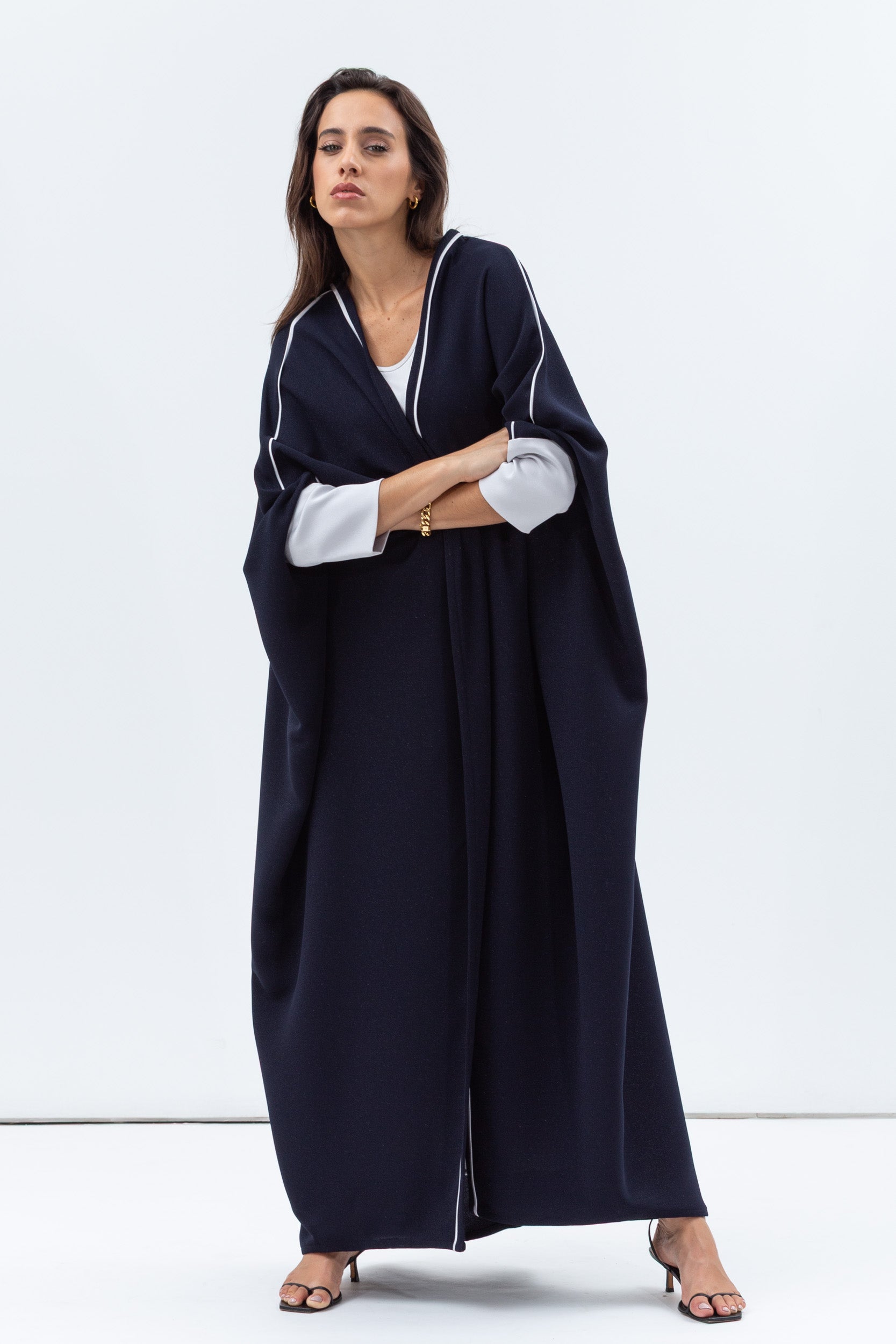 Butterfly Abaya in Navy Shimmer with Grey Satin Detailing