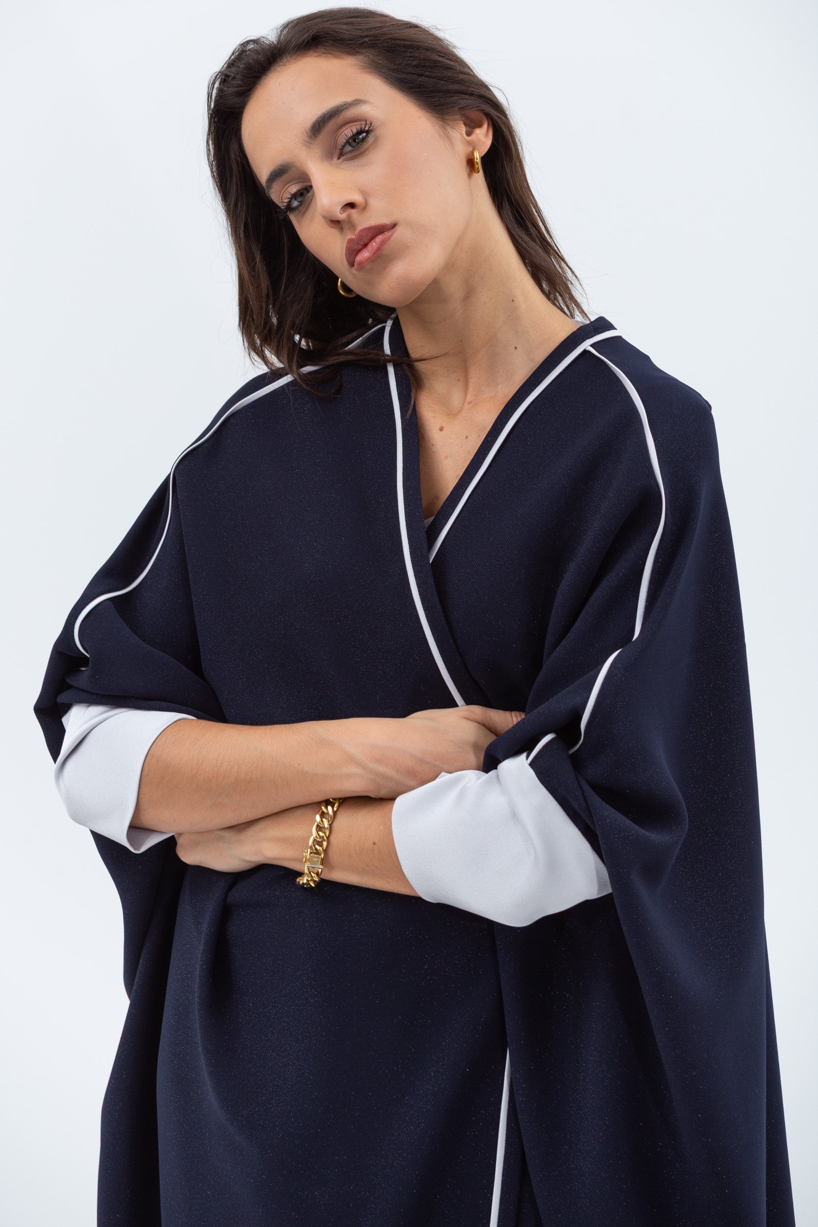 Butterfly Abaya in Navy Shimmer with Grey Satin Detailing