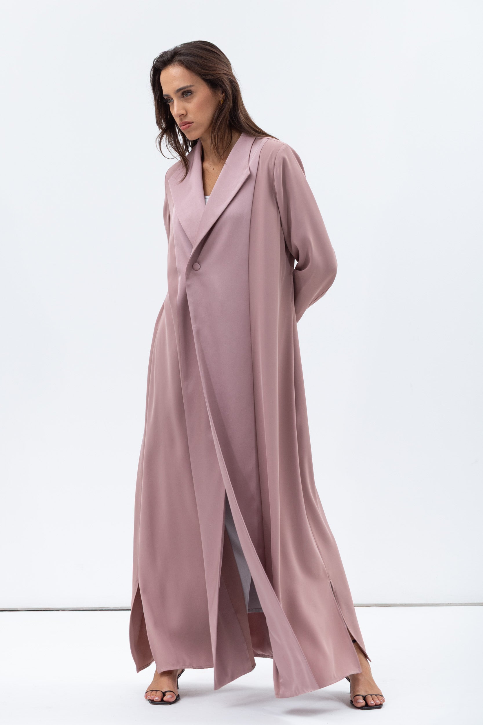 Straight Cut Abaya in Dusty Pink with Satin Lapel
