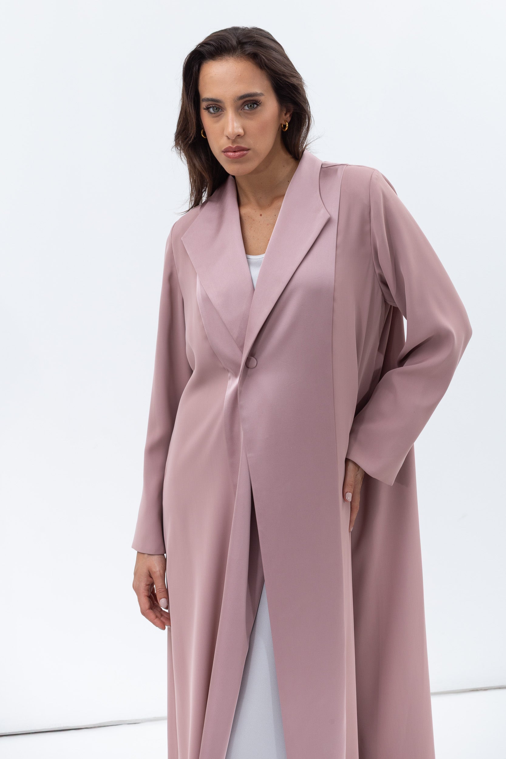 Straight Cut Abaya in Dusty Pink with Satin Lapel